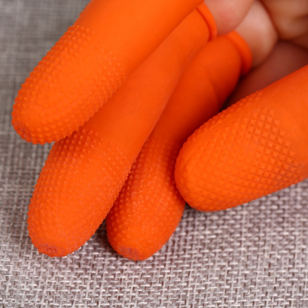 100 PCS帯電防止の滑り止めの耐久性のある指先ラテックス保護手袋、サイズ：L、2.8 * 6.5センチメートル（オレンジ）