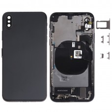 Akkumulátor hátlap szerelvény (oldalsó kulcsokkal és hangszóróval és motoros és kamerás lencset és kártya tálca és Power gomb + Hangerő gomb + töltőport + jel FLEX kábel és vezeték nélküli töltő modul) iPhone XS (fekete)