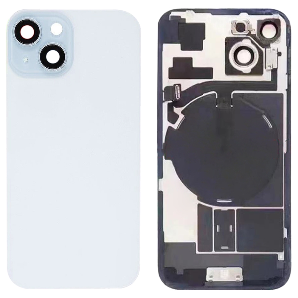 Pro iPhone 15 Skleněný zadní kryt baterie s držákem blesku + bezdrátový nabíjecí modul (modrý)
