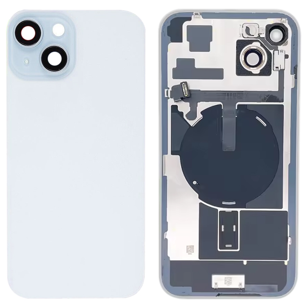 Do iPhone'a 15 Plus Szklana tylna pokrywa baterii ze wspornikiem lampy błyskowej + moduł ładowania bezprzewodowego (niebieski)