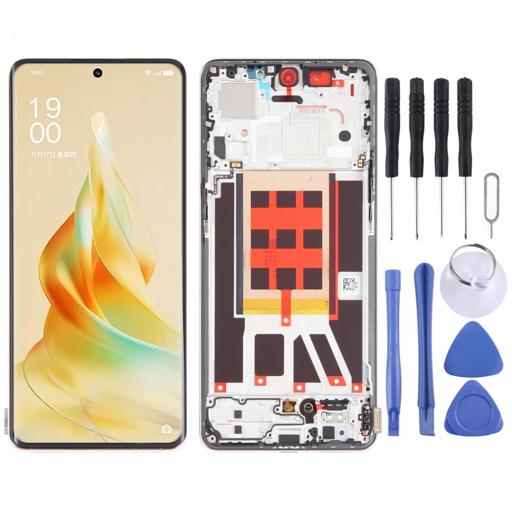 OPPO Reno9 Pro デジタイザー用オリジナル LCD スクリーン フレーム付き完全アセンブリ (ゴールド)