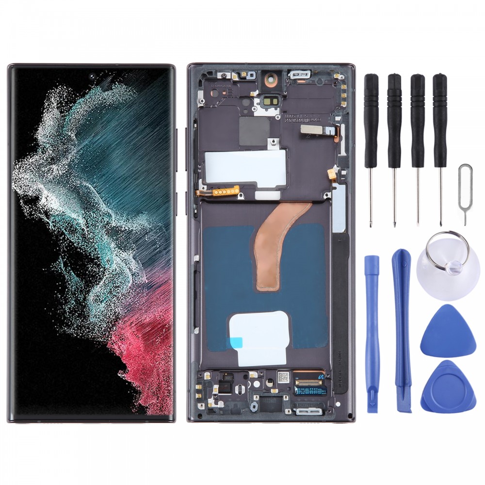 För Samsung Galaxy S22 Ultra 5G SM-S908B 6,78 tum EU-version OLED LCD-skärm Digitizer Full montering med ram (svart)