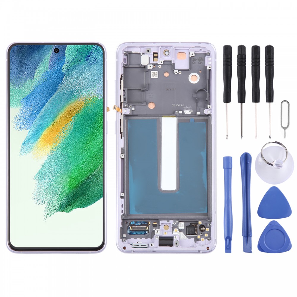 Samsung Galaxy S21 FE 5G SM-G990B eredeti LCD képernyős digitalizálóhoz, teljes összeszerelés kerettel (lila)